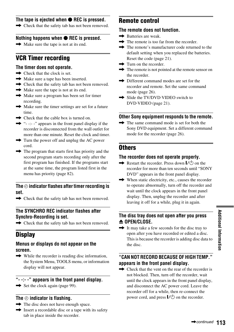 Vcr timer recording, Display, Remote control | Others | Sony RDR-VX521 User Manual | Page 113 / 132