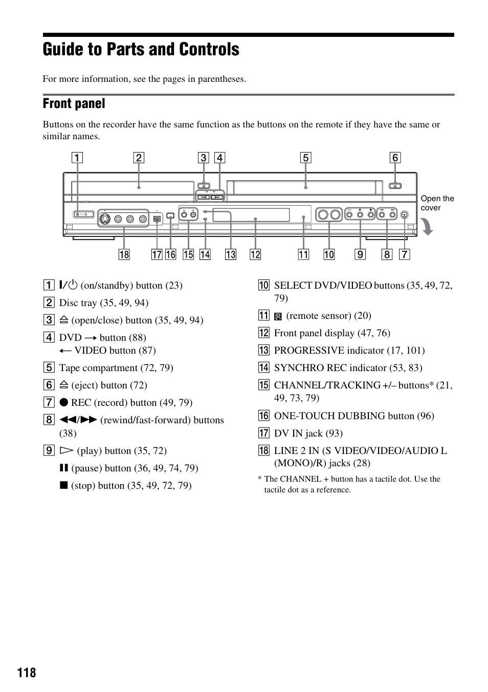 Guide to parts and controls, Front panel | Sony RDR-VX521 User Manual | Page 118 / 132