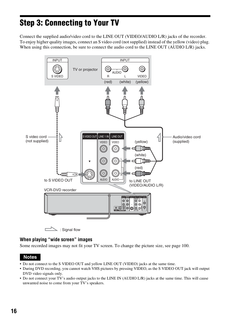 Step 3: connecting to your tv, When playing “wide screen” images | Sony RDR-VX521 User Manual | Page 16 / 132