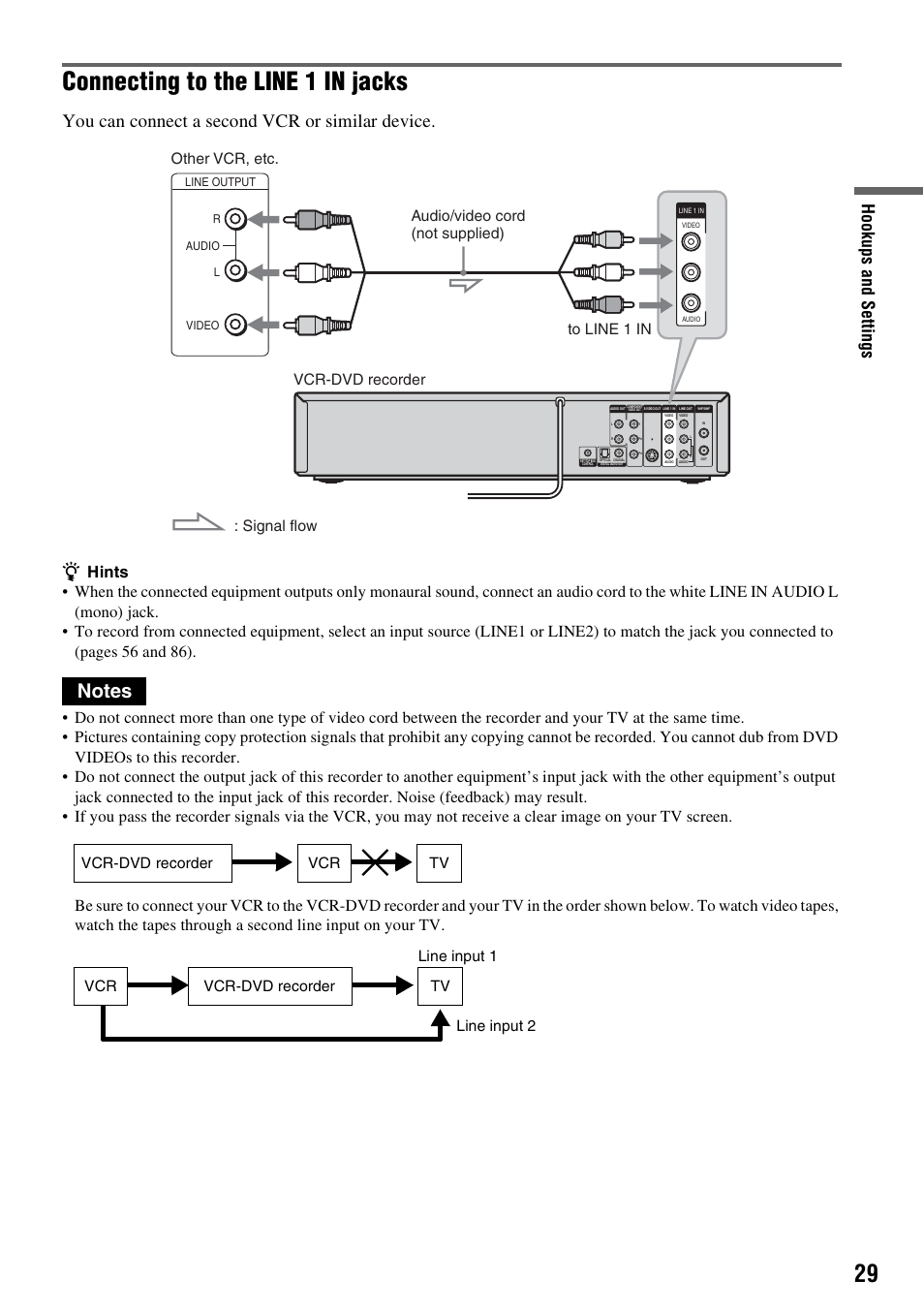 Connecting to the line 1 in jacks, You can connect a second vcr or similar device, Hook ups and se tti n gs | Sony RDR-VX521 User Manual | Page 29 / 132