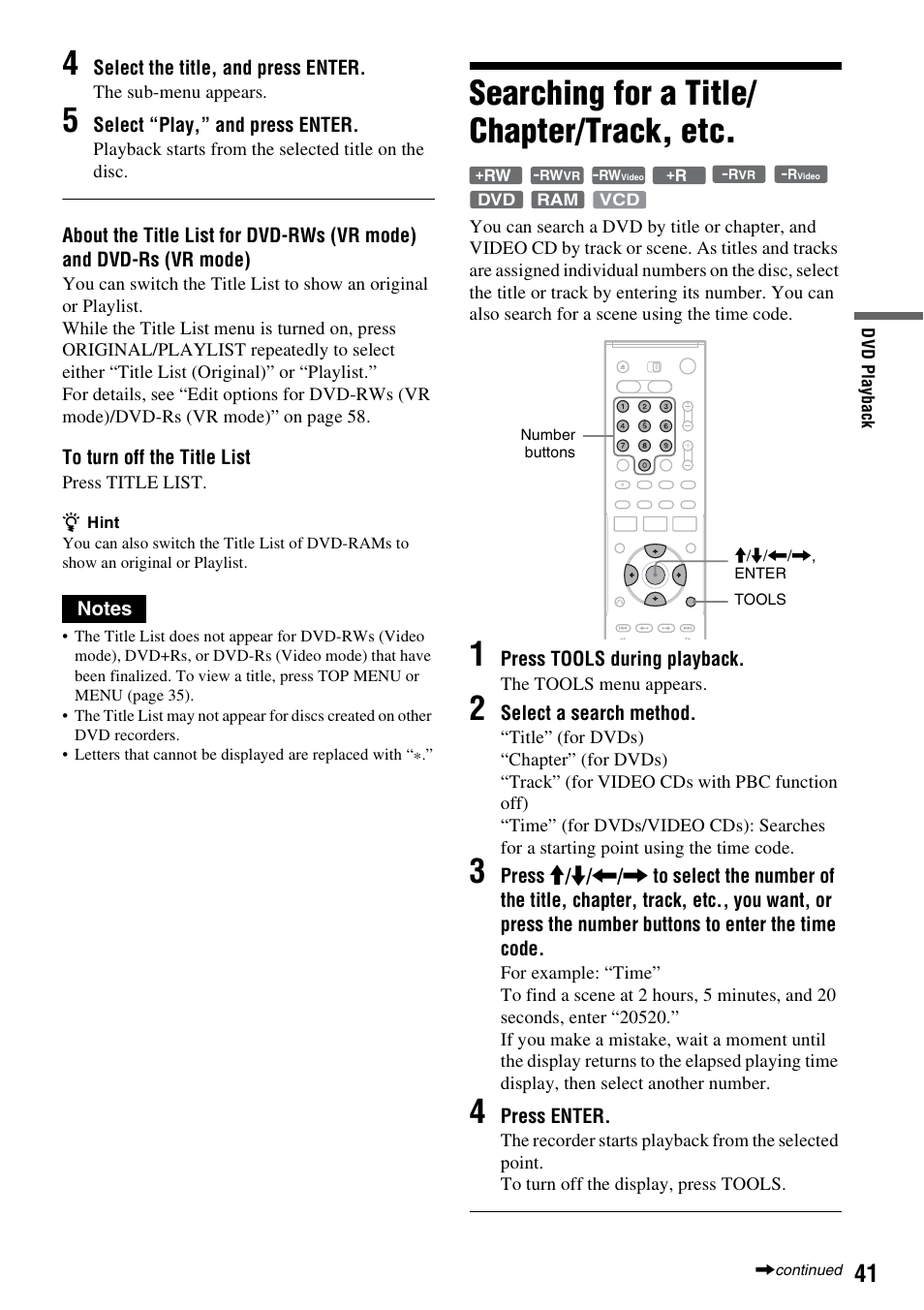 Searching for a title/ chapter/track, etc, Searching for a title/chapter/track, etc | Sony RDR-VX521 User Manual | Page 41 / 132