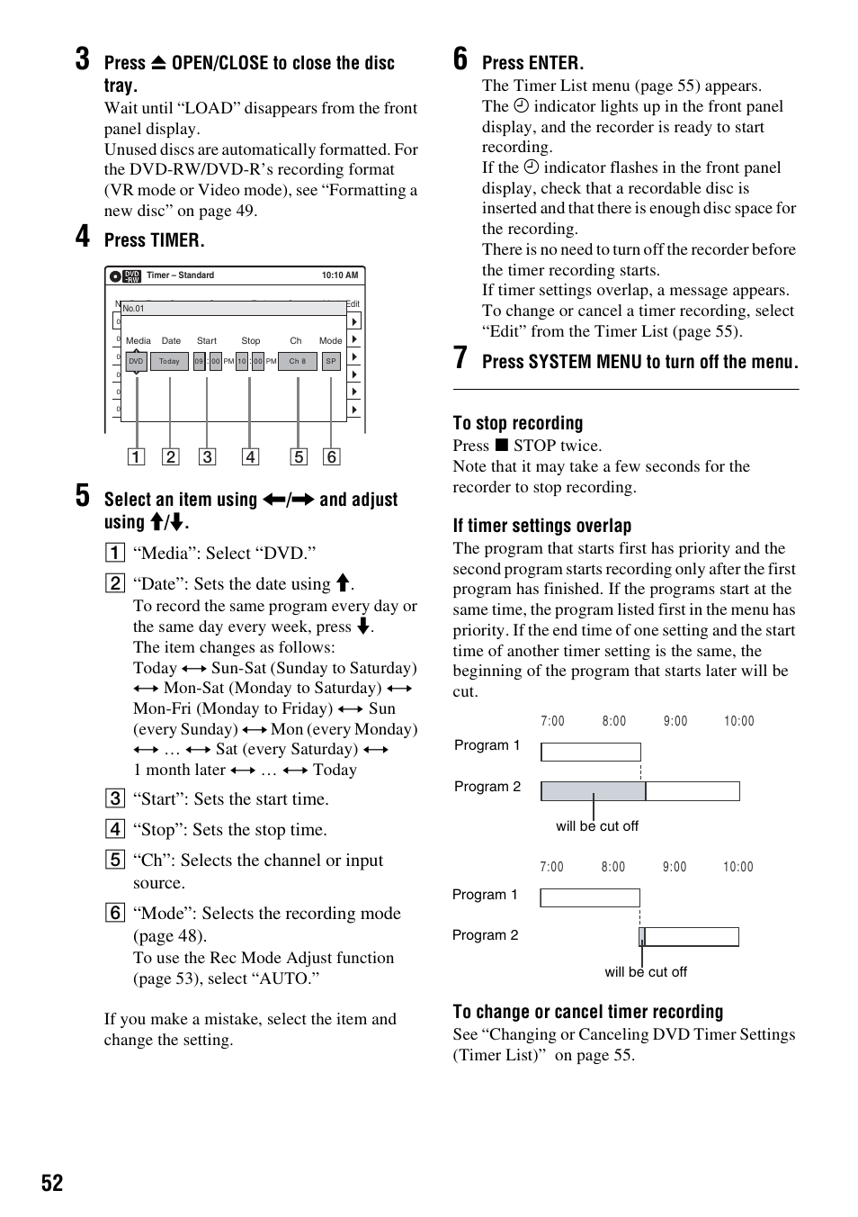 Press z open/close to close the disc tray, Press timer, Press enter | If timer settings overlap | Sony RDR-VX521 User Manual | Page 52 / 132