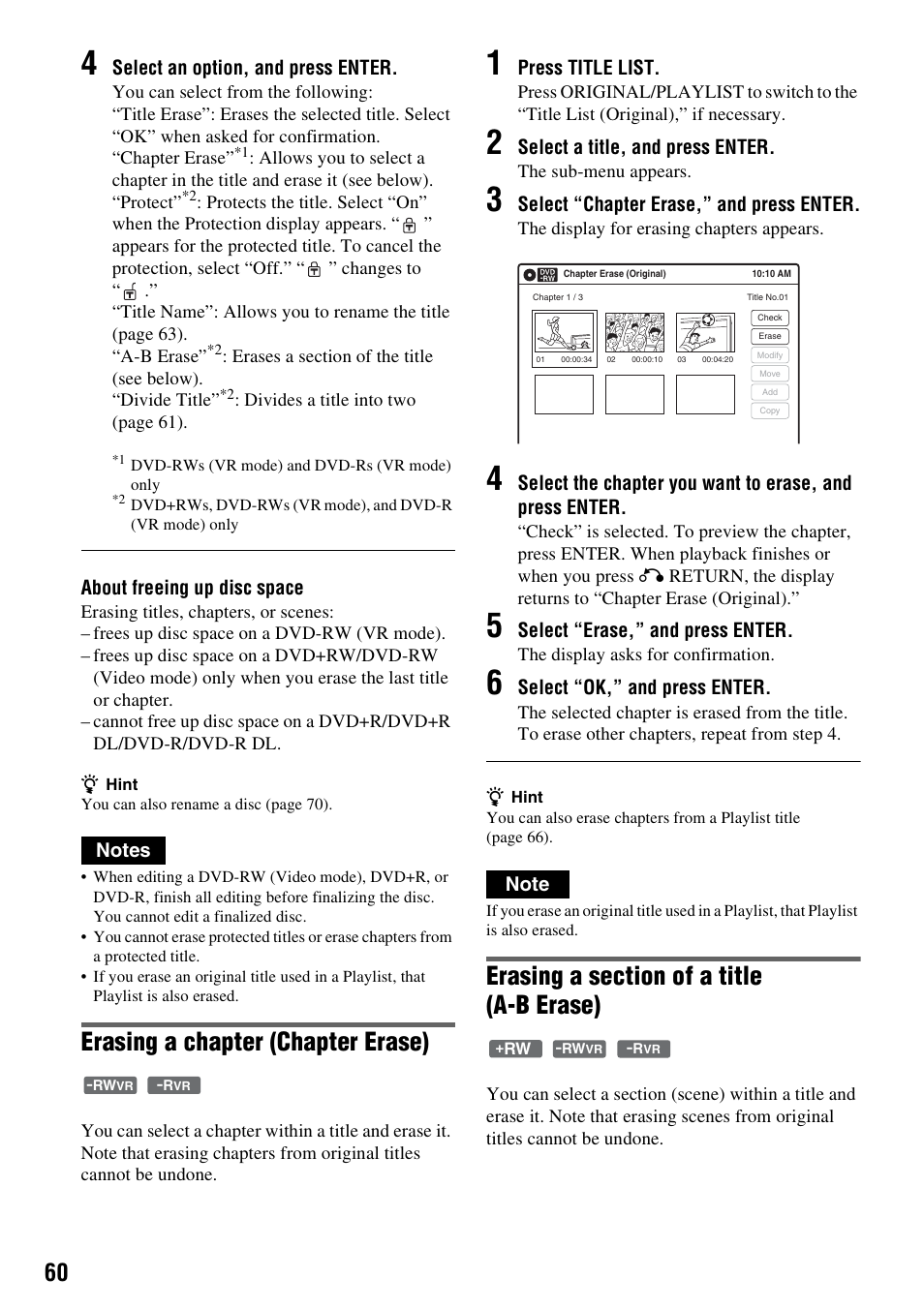 Erasing a chapter (chapter erase) | Sony RDR-VX521 User Manual | Page 60 / 132
