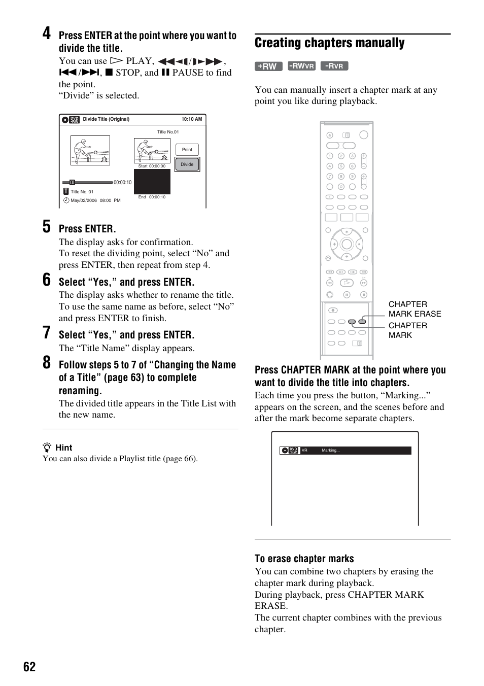 Creating chapters manually | Sony RDR-VX521 User Manual | Page 62 / 132