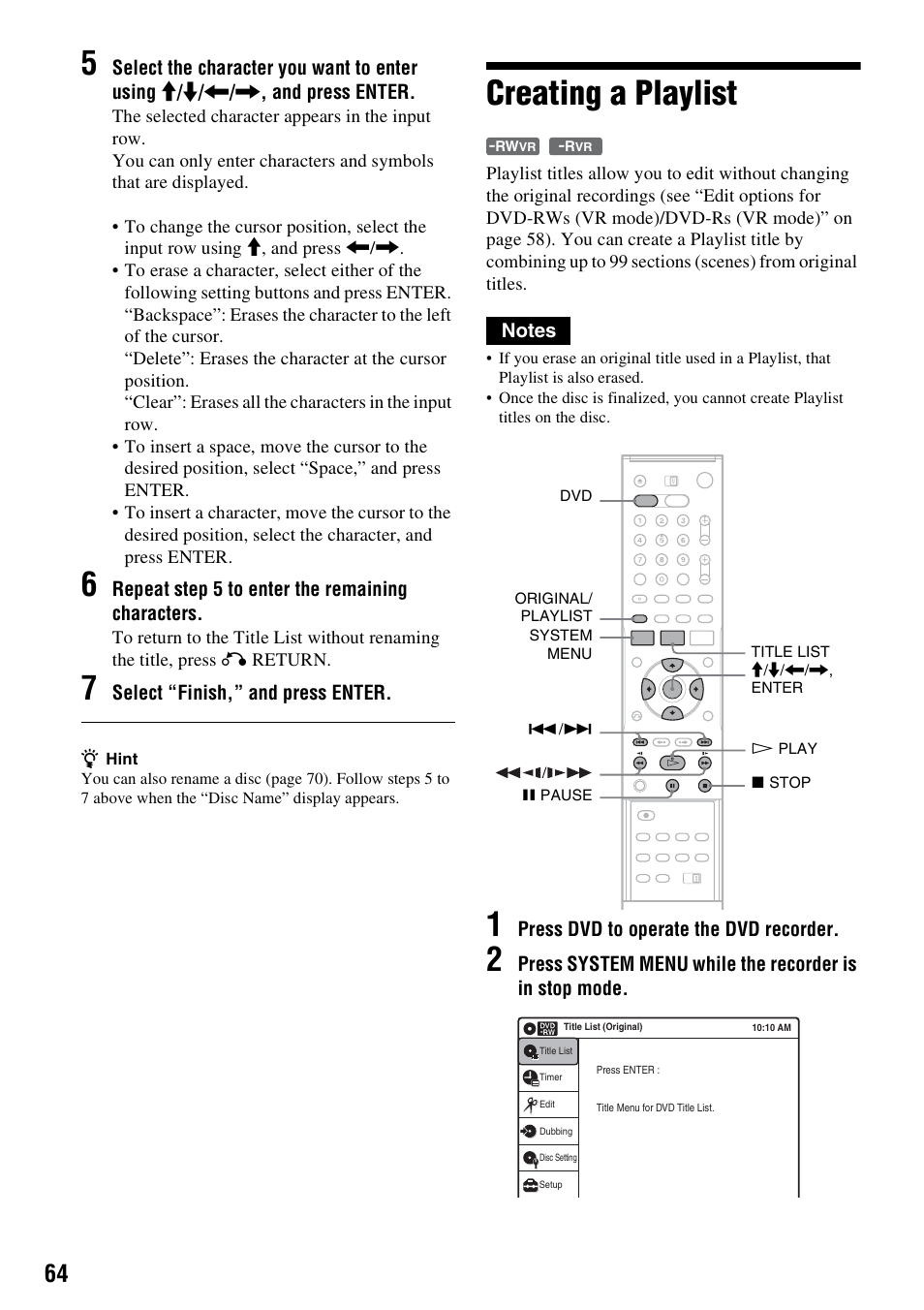 Creating a playlist | Sony RDR-VX521 User Manual | Page 64 / 132