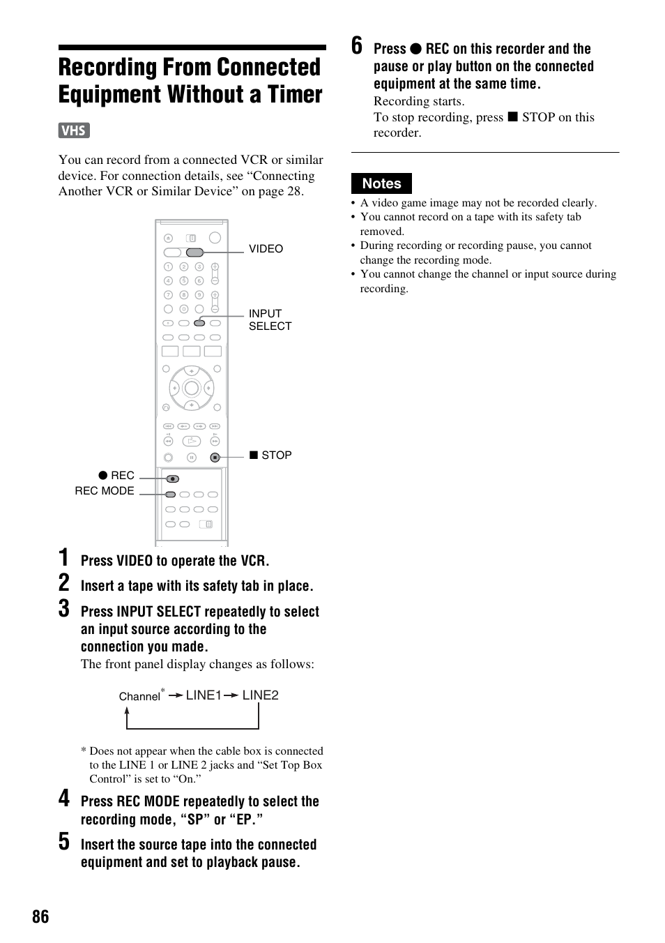 Recording from connected equipment without a timer | Sony RDR-VX521 User Manual | Page 86 / 132