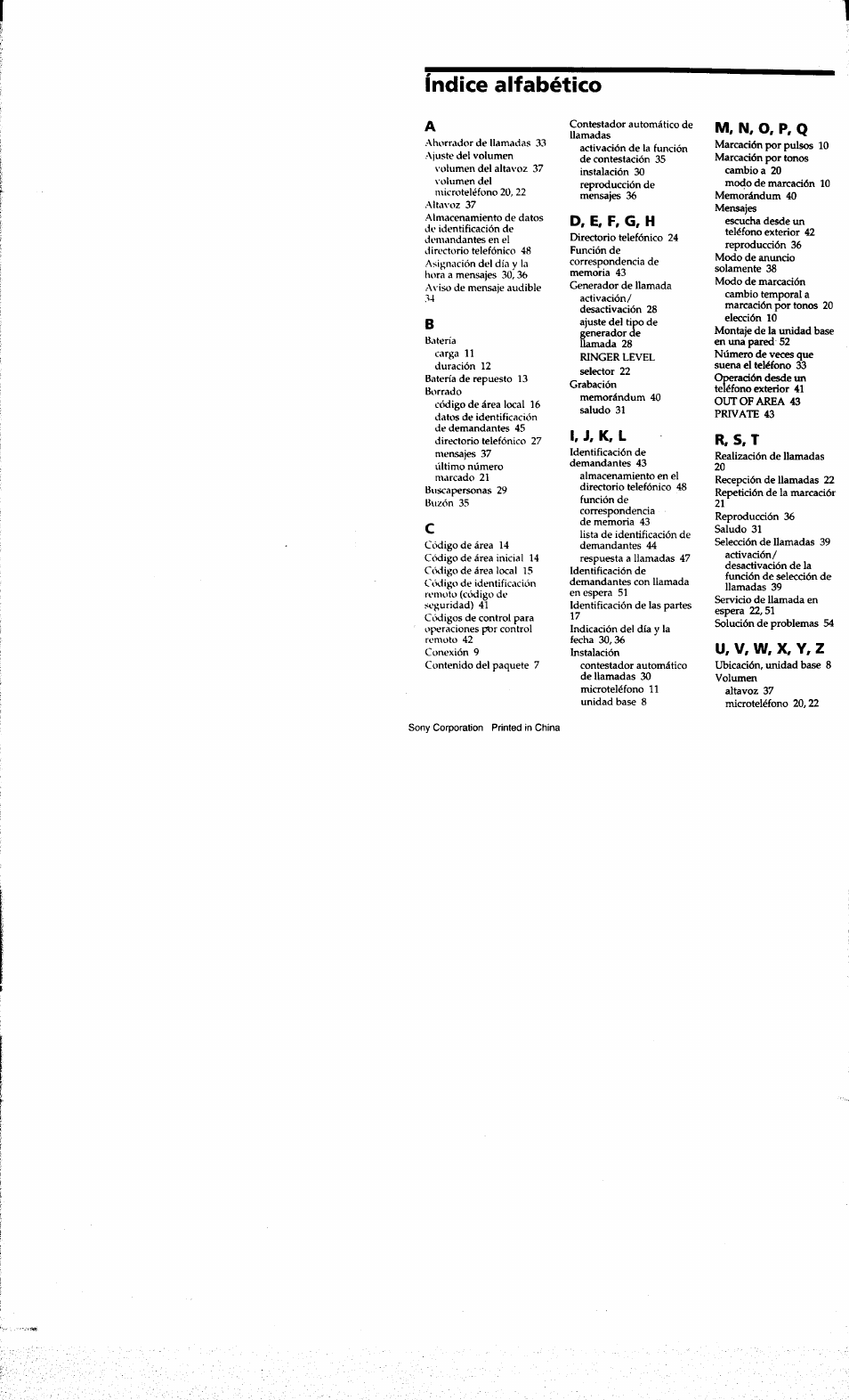 Índice alfabético, D, e. f, g, h, I. j. k. l | M, n, o, p, q, R. s.t, U. v, w. x, y, z | Sony SPP-A973 User Manual | Page 115 / 115