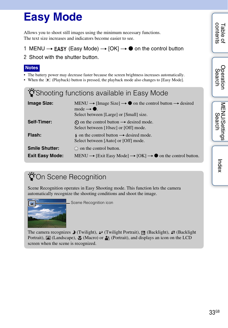 Easy mode, Easy mode), Shooting functions available in easy mode | On scene recognition | Sony DSC-W310 User Manual | Page 33 / 98