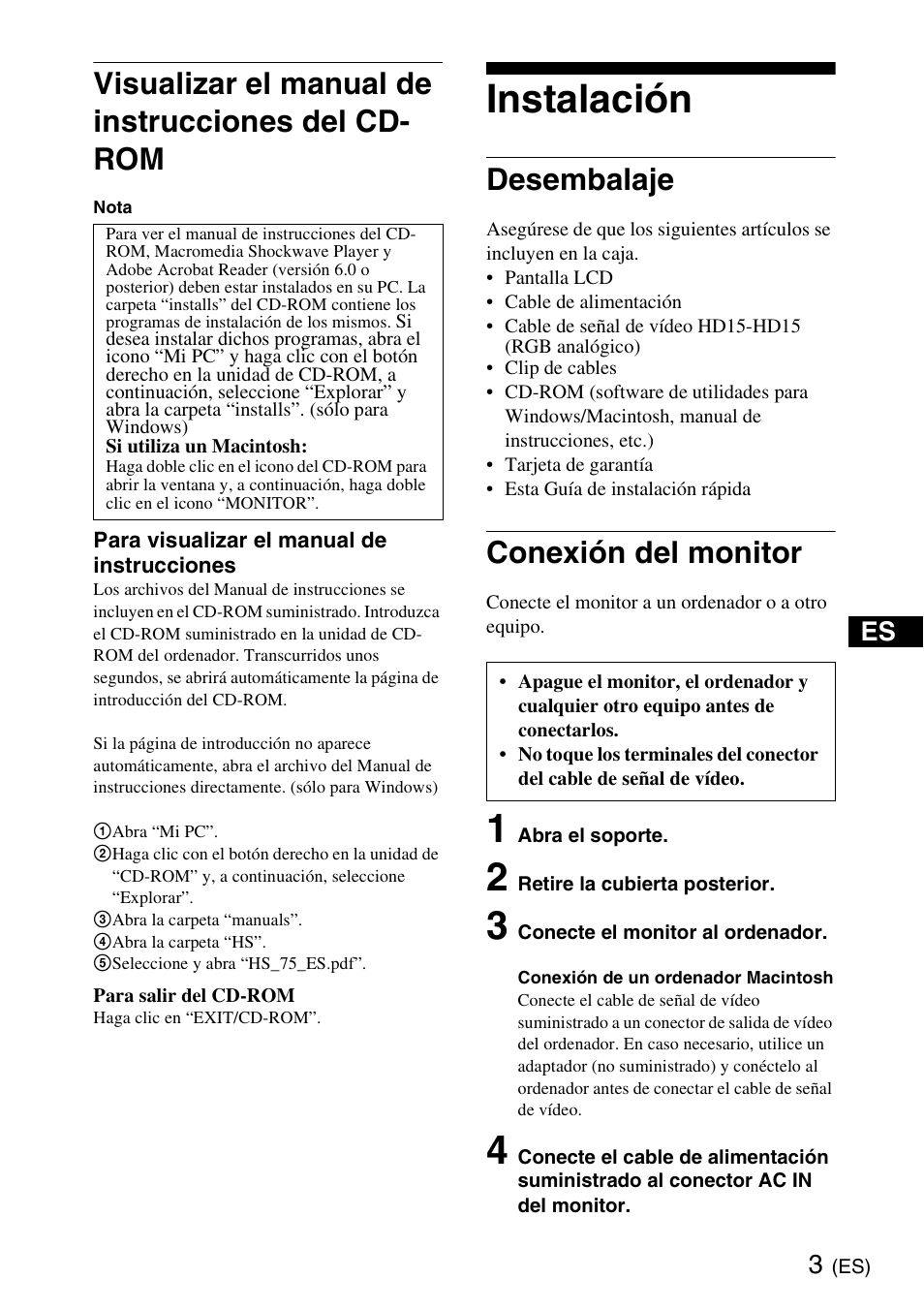 Instalación, Visualizar el manual de instrucciones del cd- rom, Desembalaje | Conexión del monitor | Sony SDM-HS75 User Manual | Page 15 / 20