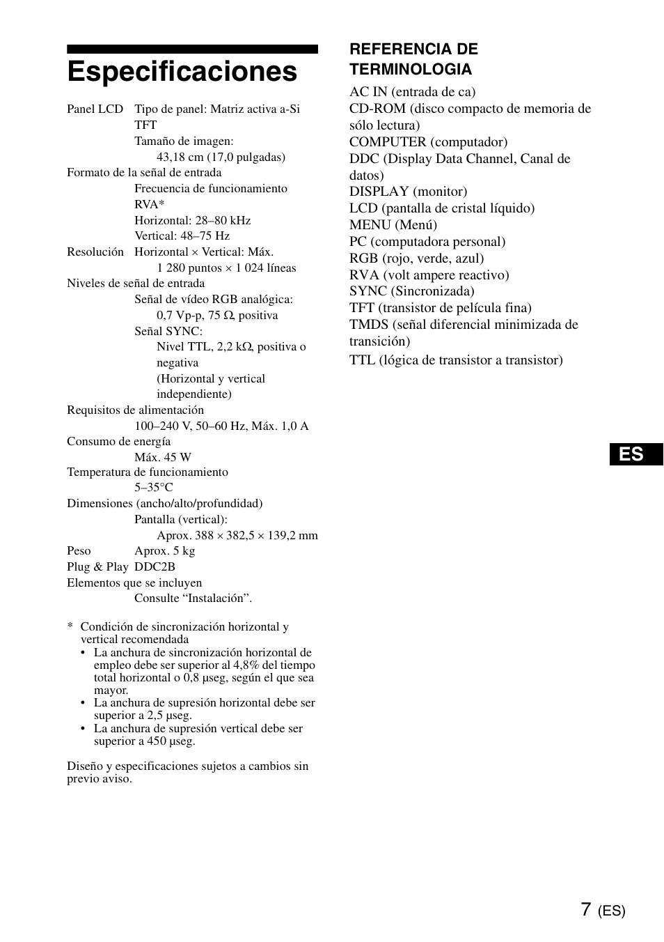 Especificaciones, Referencia de terminologia | Sony SDM-HS75 User Manual | Page 19 / 20
