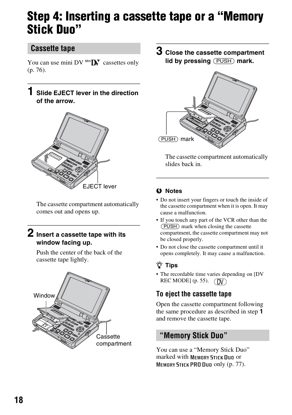 Step 4: inserting a cassette tape or a, Memory stick duo, Cassette tape | Sony GV-HD700 User Manual | Page 18 / 108