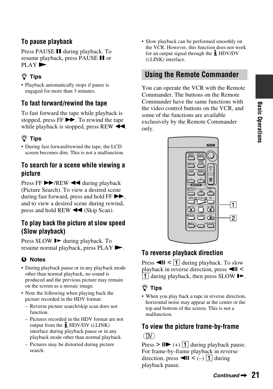 Using the remote commander | Sony GV-HD700 User Manual | Page 21 / 108