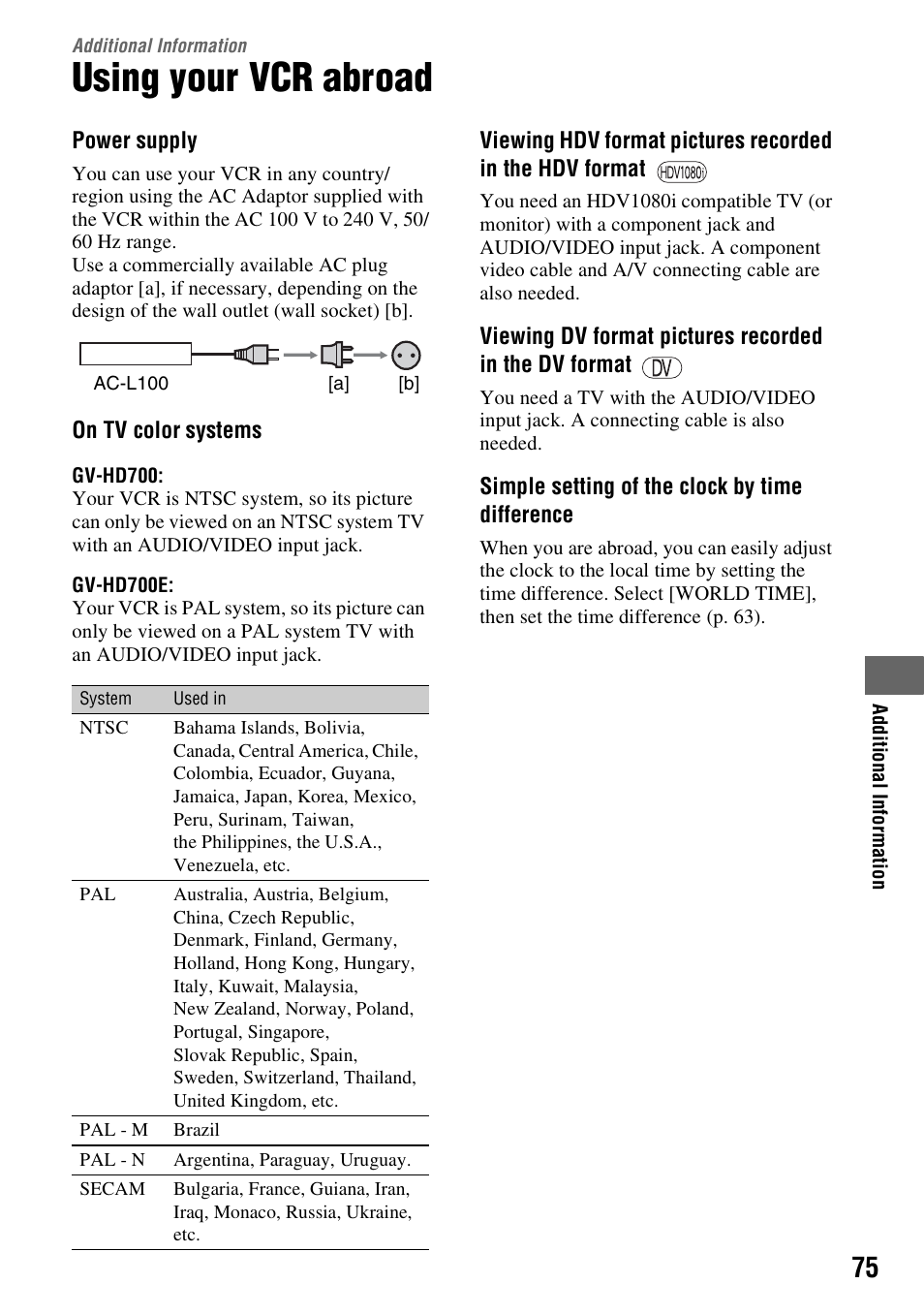 Additional information, Using your vcr abroad, P. 75) | Sony GV-HD700 User Manual | Page 75 / 108