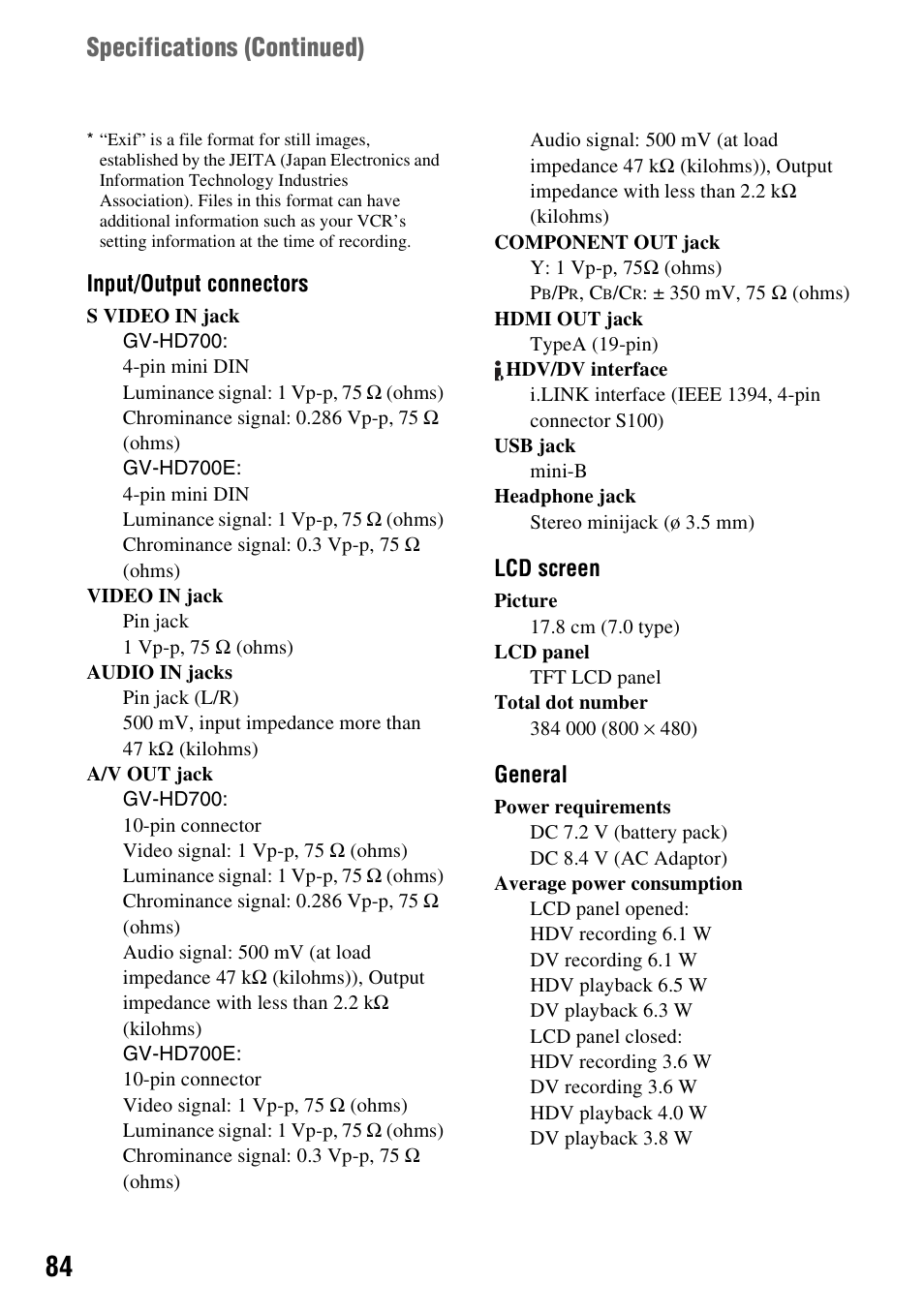 Specifications (continued) | Sony GV-HD700 User Manual | Page 84 / 108