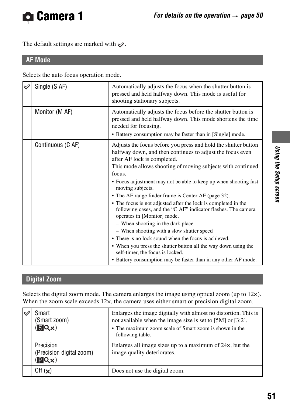 Camera 1, Af mode digital zoom | Sony DSC-H1 User Manual | Page 51 / 107