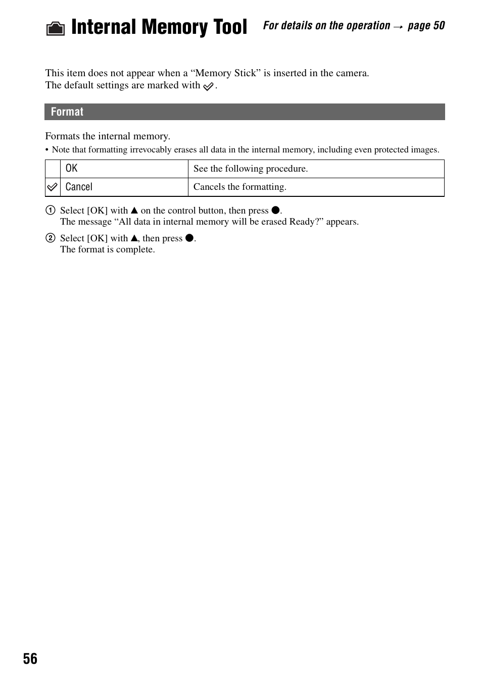 Internal memory tool, Format | Sony DSC-H1 User Manual | Page 56 / 107