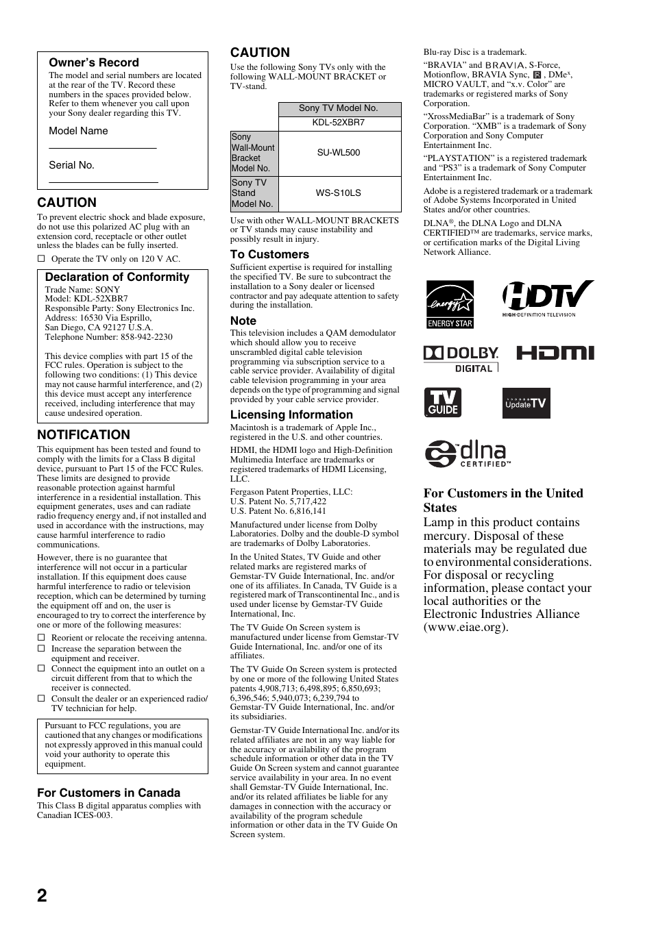 Caution, Notification | Sony KDL-52XBR7 User Manual | Page 2 / 60