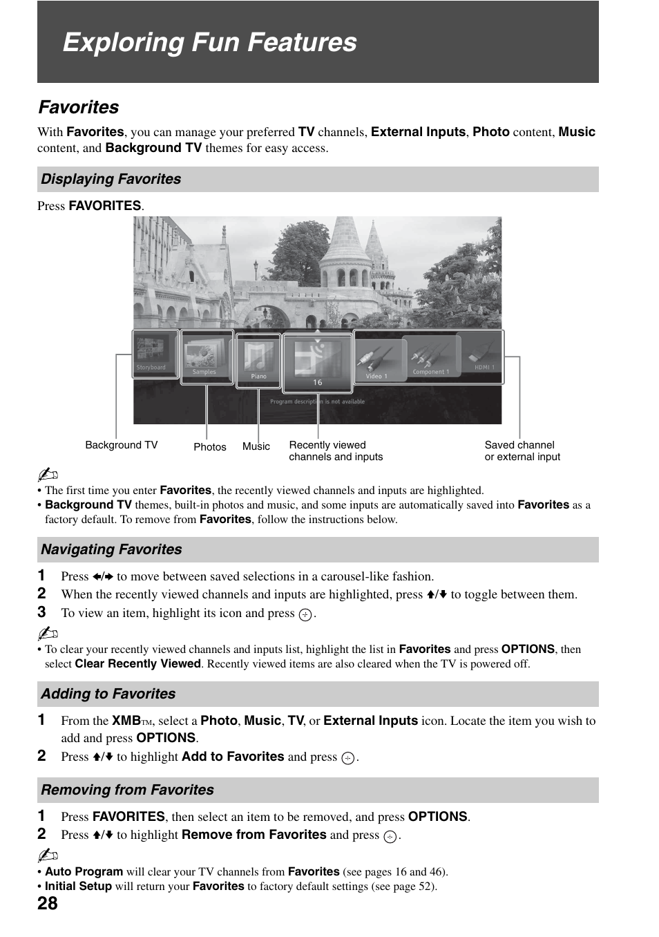 Exploring fun features, Favorites, Displaying favorites | Navigating favorites, Adding to favorites, Removing from favorites | Sony KDL-52XBR7 User Manual | Page 28 / 60