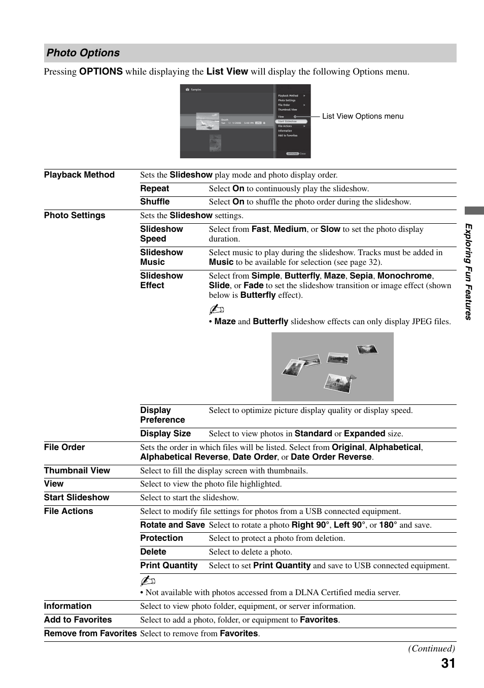 Photo options | Sony KDL-52XBR7 User Manual | Page 31 / 60