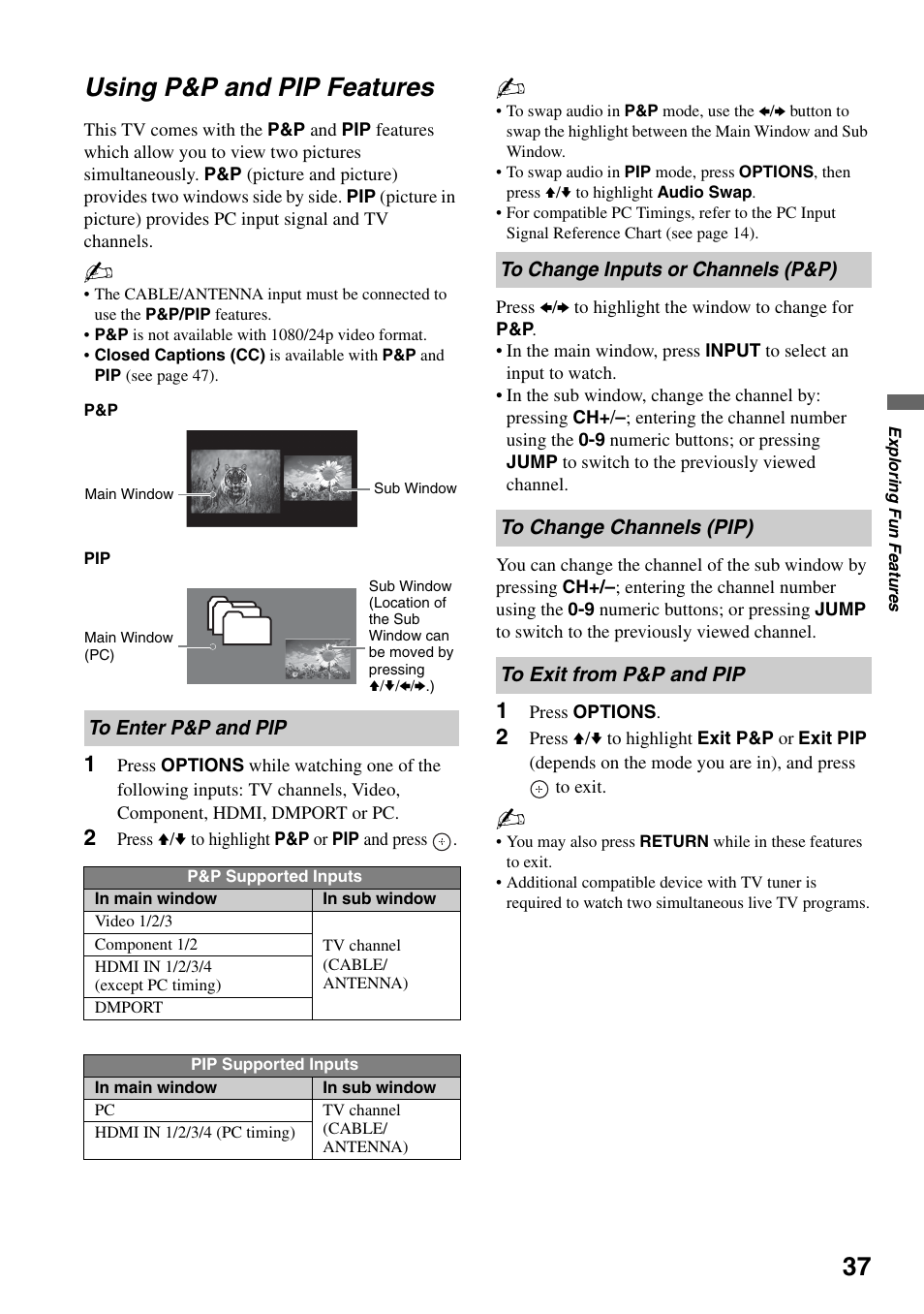 Using p&p and pip features, To enter p&p and pip, To change inputs or channels (p&p) | To change channels (pip), To exit from p&p and pip | Sony KDL-52XBR7 User Manual | Page 37 / 60