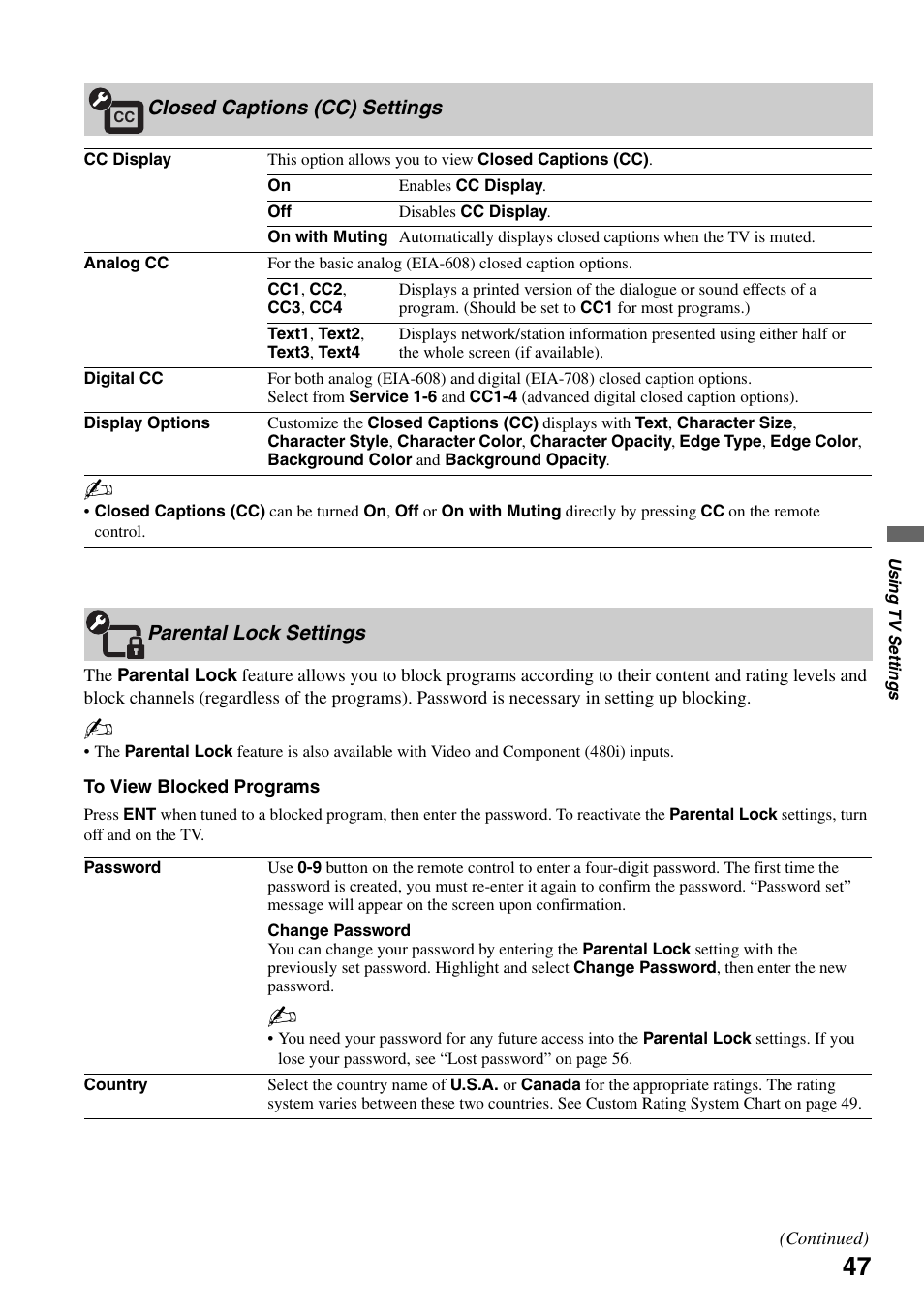 Closed captions (cc) settings, Parental lock settings | Sony KDL-52XBR7 User Manual | Page 47 / 60