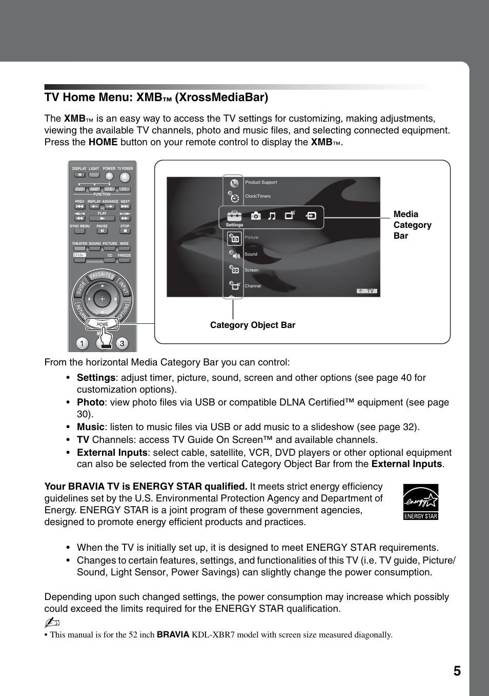 Tv home menu: xmb™ (xrossmediabar), Tv home menu: xmb, Xrossmediabar) | The xmb | Sony KDL-52XBR7 User Manual | Page 5 / 60