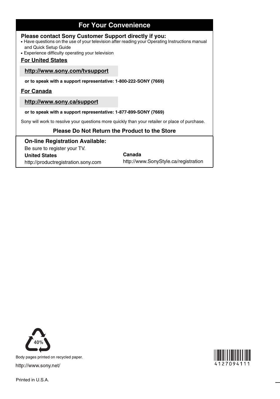 For your convenience | Sony KDL-52XBR7 User Manual | Page 60 / 60