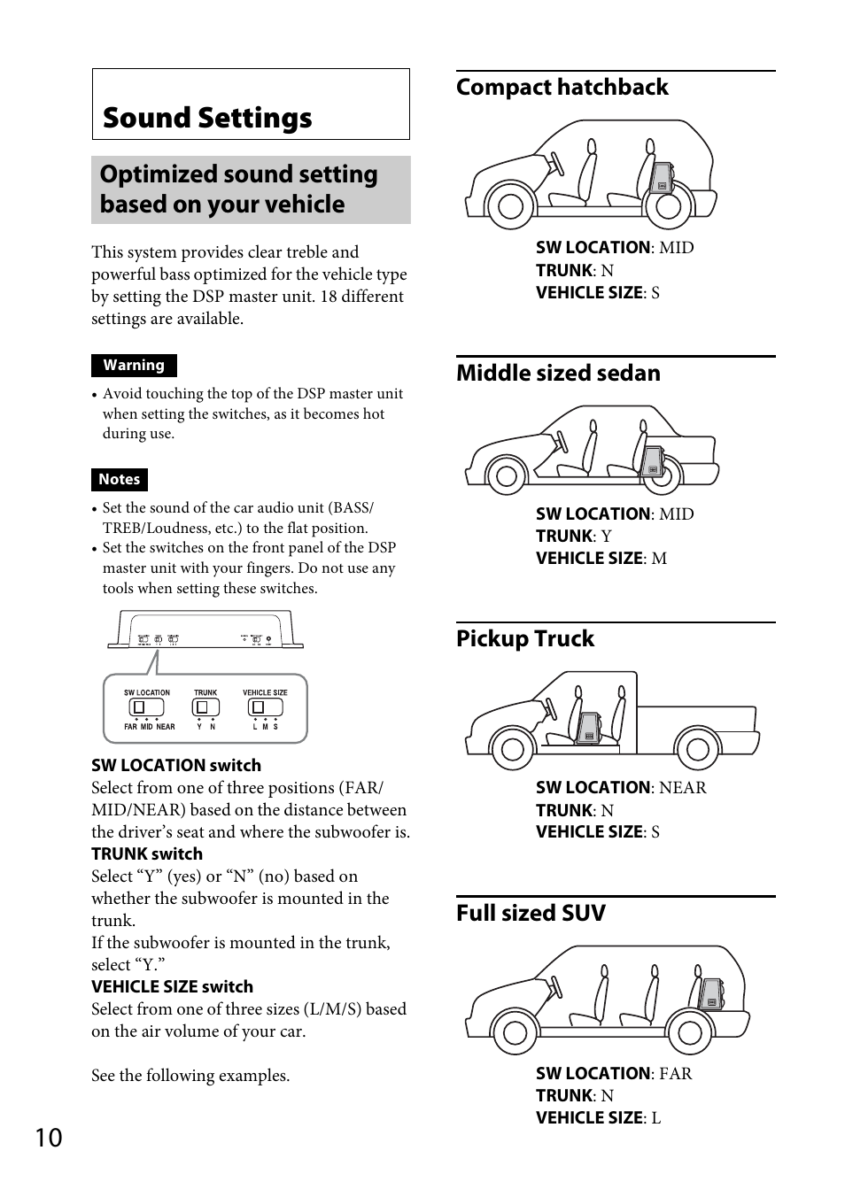 Sound settings, Optimized sound setting based on your vehicle | Sony XDP-PK1000 User Manual | Page 10 / 52