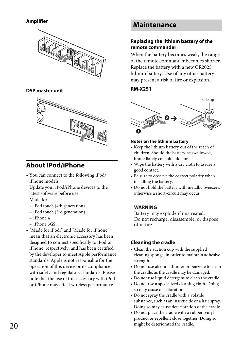 Maintenance, About ipod/iphone | Sony XDP-PK1000 User Manual | Page 20 / 52