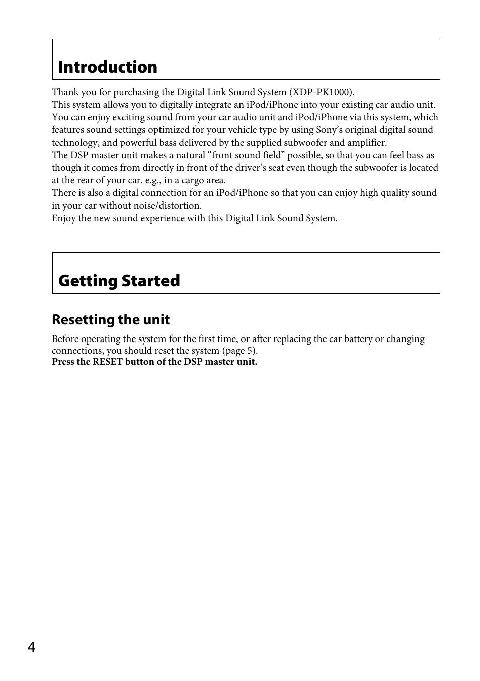 Introduction, Getting started, Resetting the unit | Sony XDP-PK1000 User Manual | Page 4 / 52