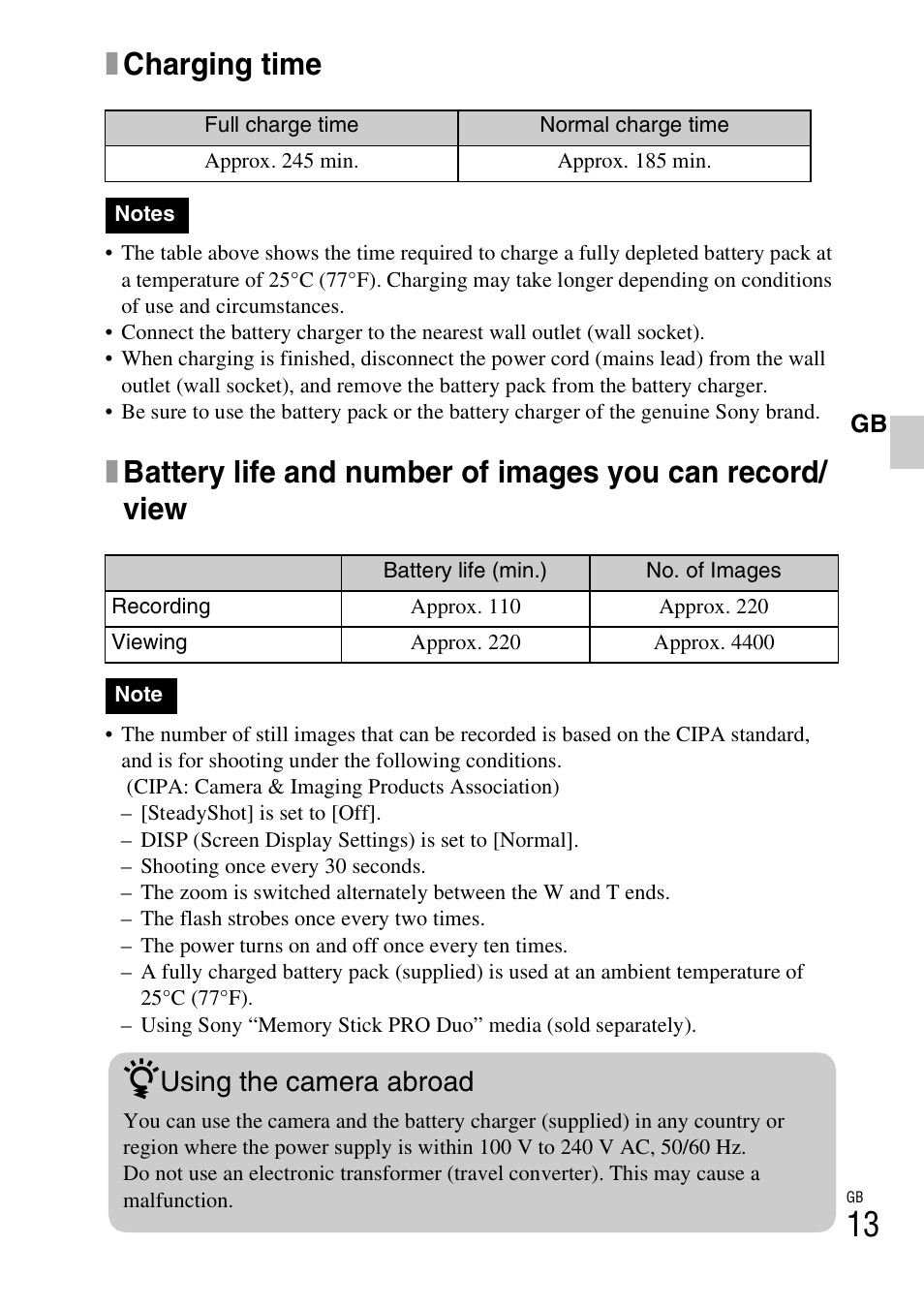 Xcharging time, Using the camera abroad | Sony DSC-W310 User Manual | Page 13 / 56