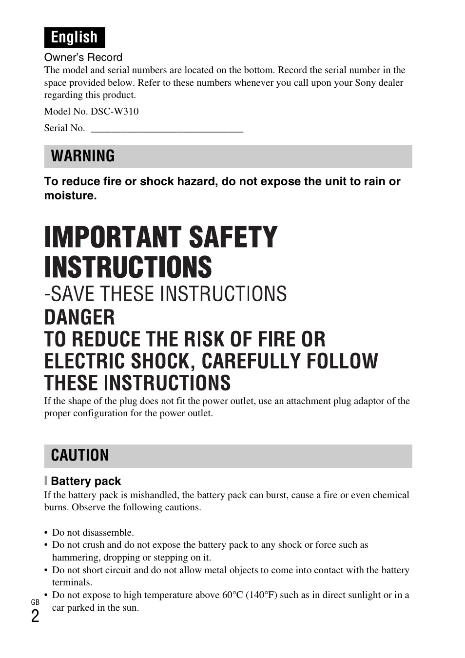 English, English warning caution | Sony DSC-W310 User Manual | Page 2 / 56
