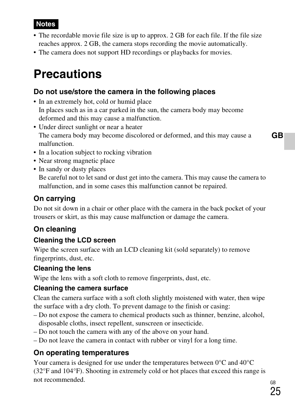 Precautions | Sony DSC-W310 User Manual | Page 25 / 56