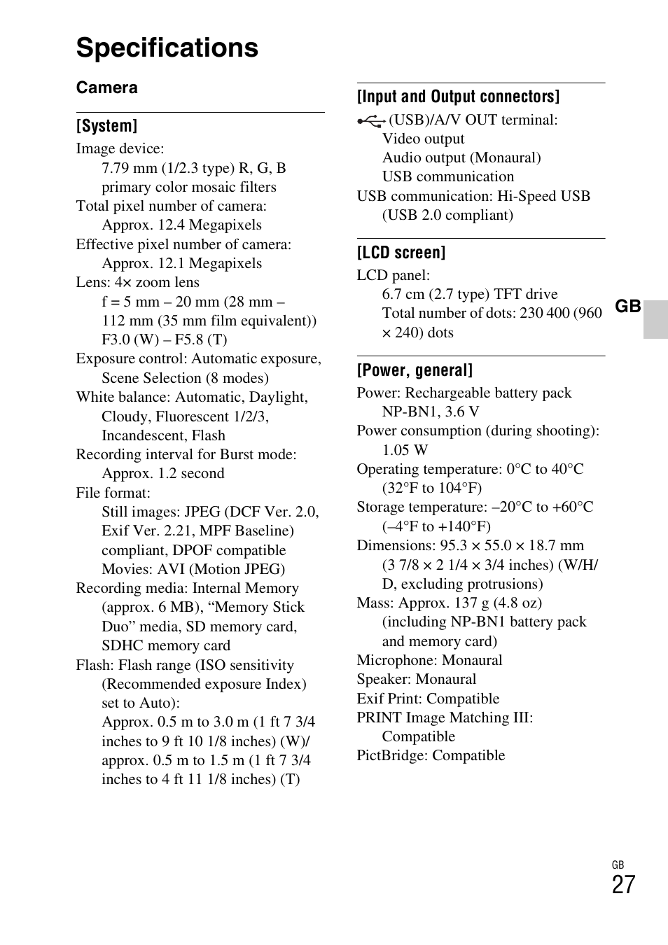Specifications | Sony DSC-W310 User Manual | Page 27 / 56