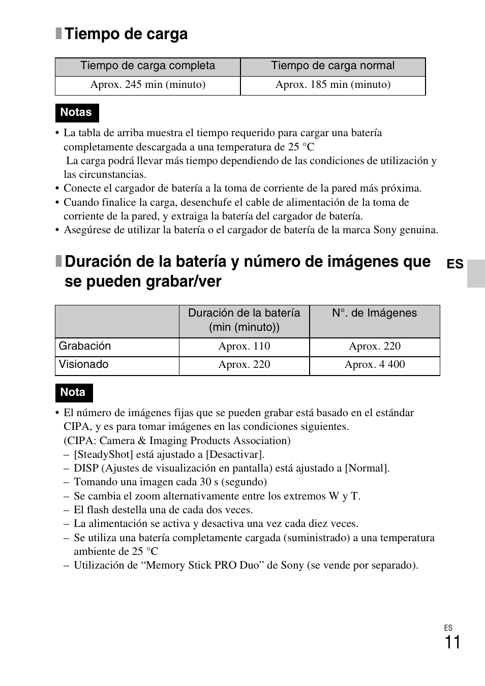 Xtiempo de carga | Sony DSC-W310 User Manual | Page 39 / 56