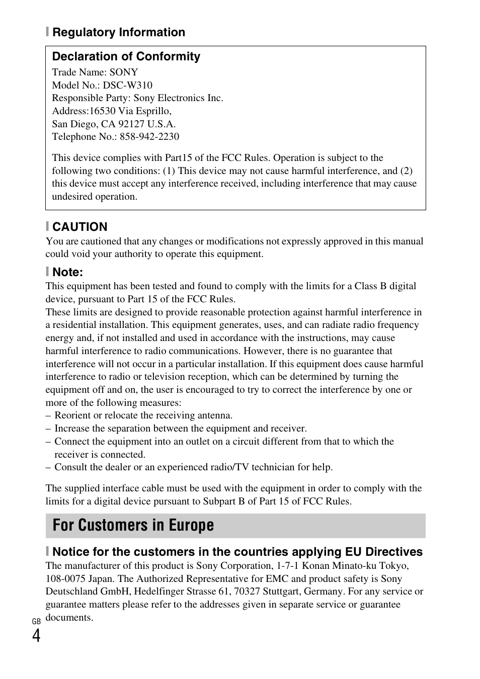For customers in europe | Sony DSC-W310 User Manual | Page 4 / 56