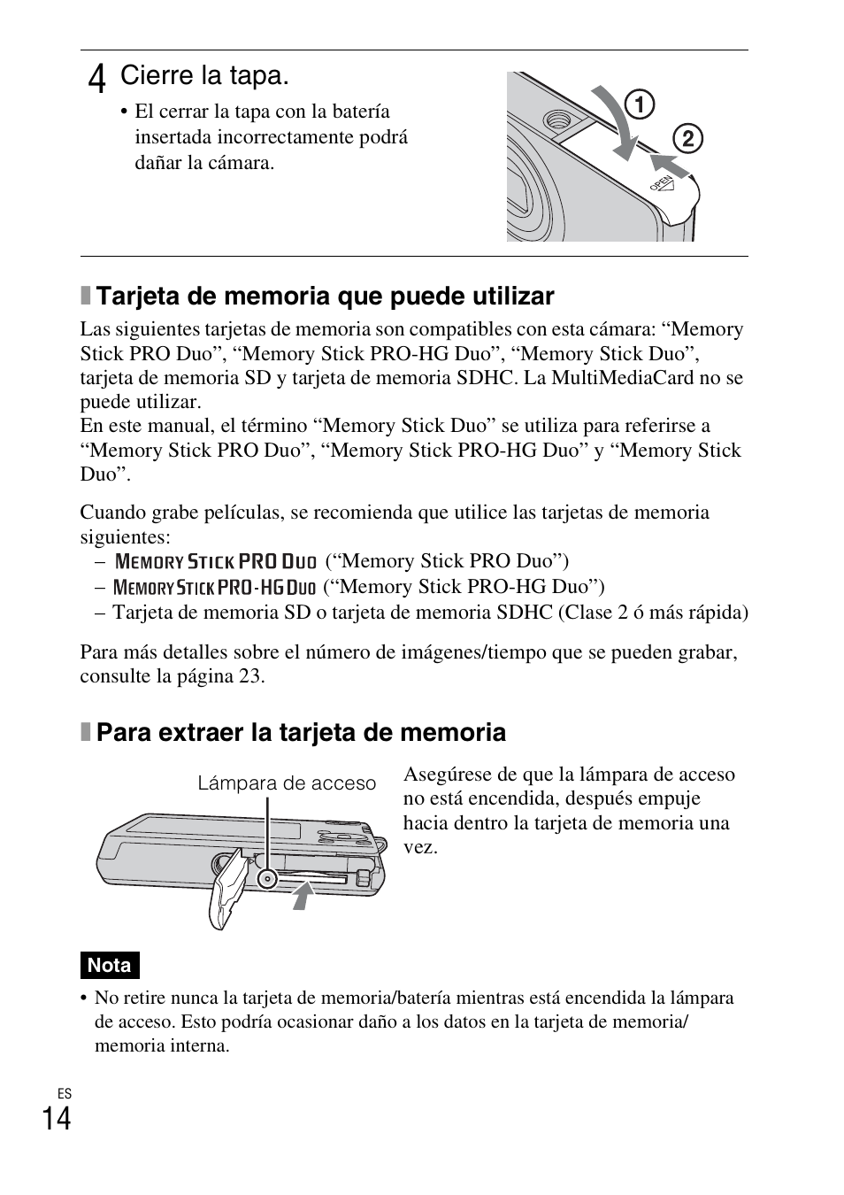 Cierre la tapa | Sony DSC-W310 User Manual | Page 42 / 56