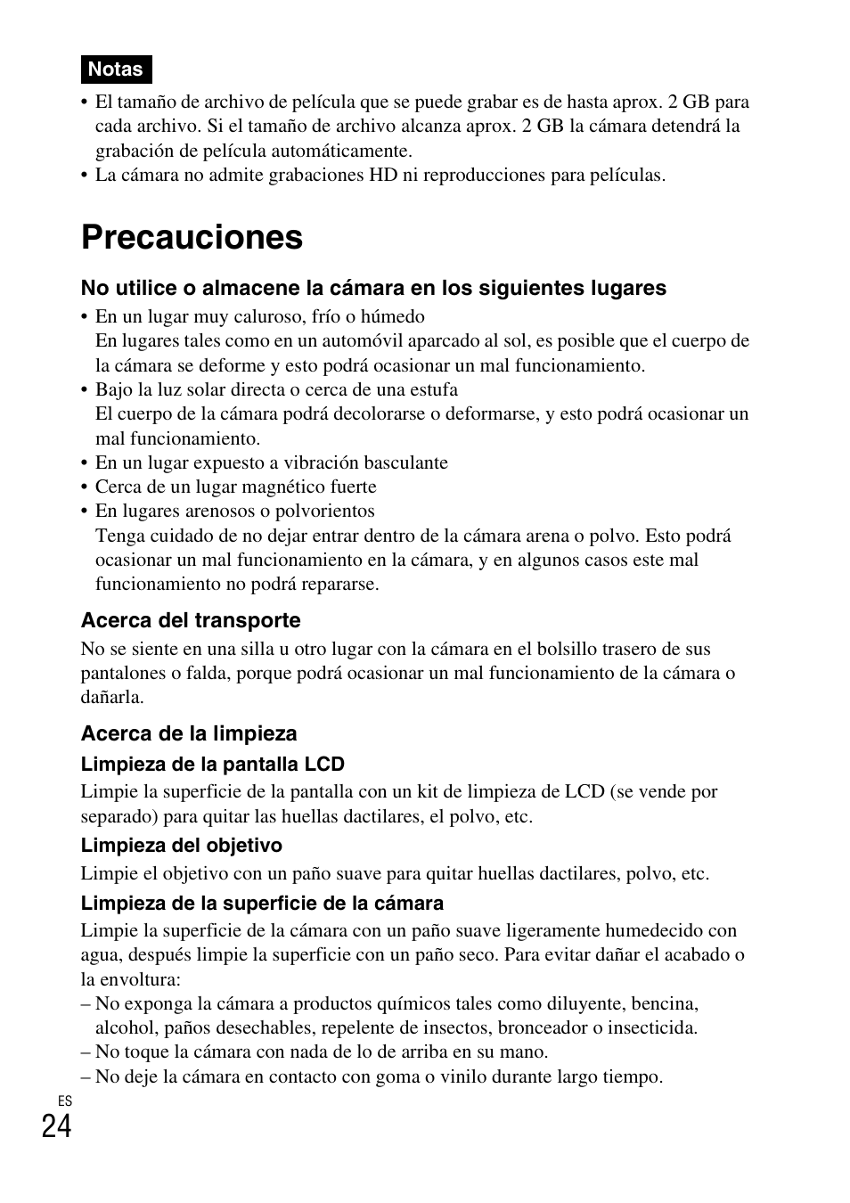 Precauciones | Sony DSC-W310 User Manual | Page 52 / 56