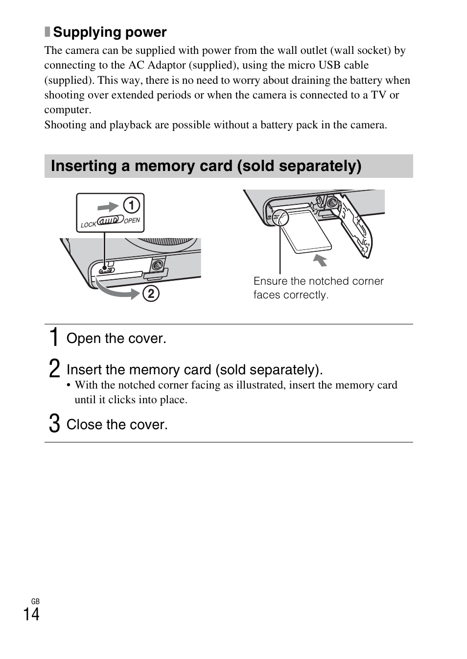 Inserting a memory card (sold separately) | Sony DSC-RX100 User Manual | Page 14 / 68