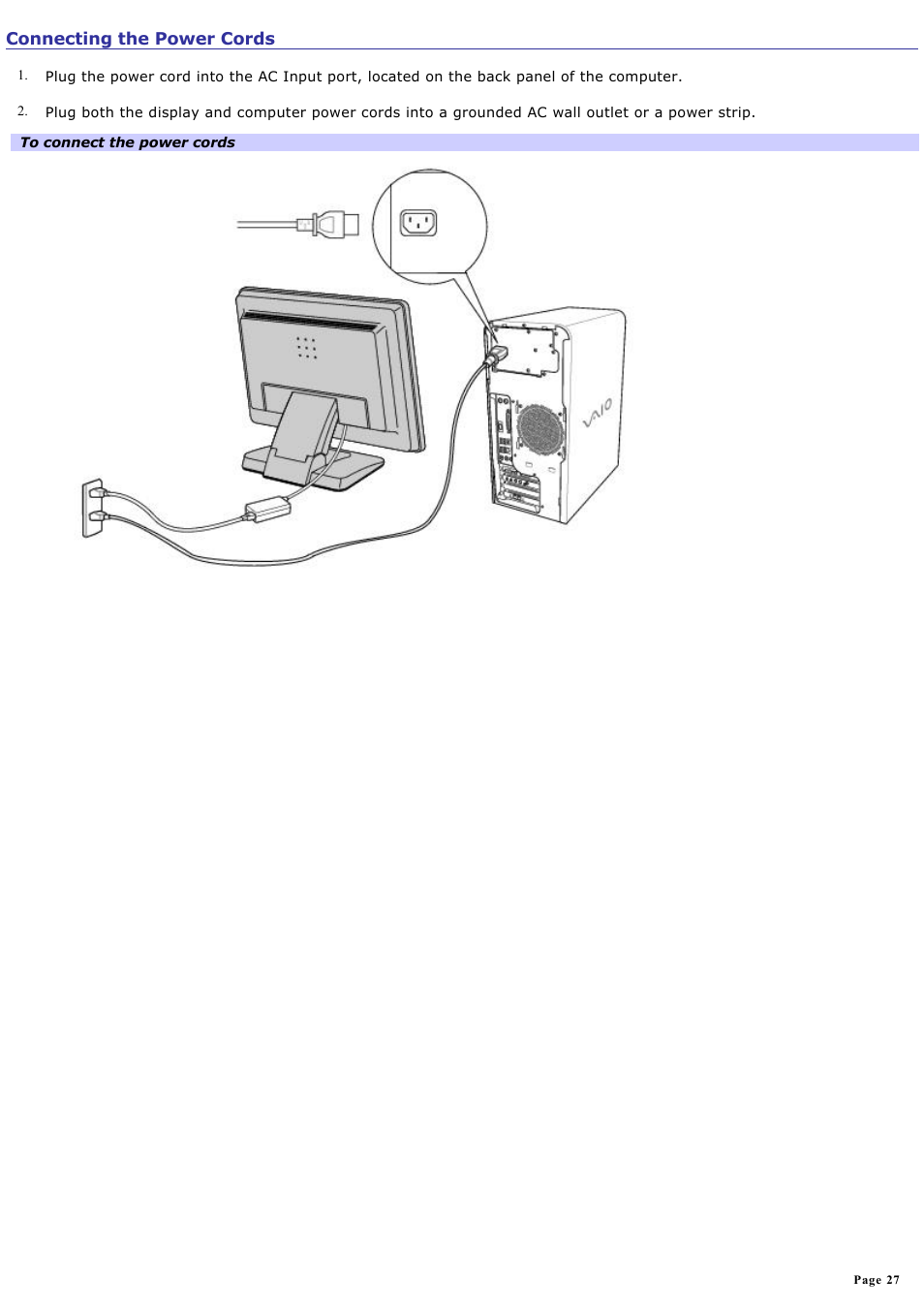 Connecting the power cords | Sony PCV-RS411 User Manual | Page 27 / 146