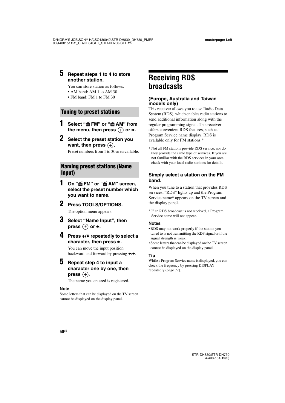 Receiving rds broadcasts, Europe, australia and taiwan models only) | Sony STRDH830 User Manual | Page 50 / 88