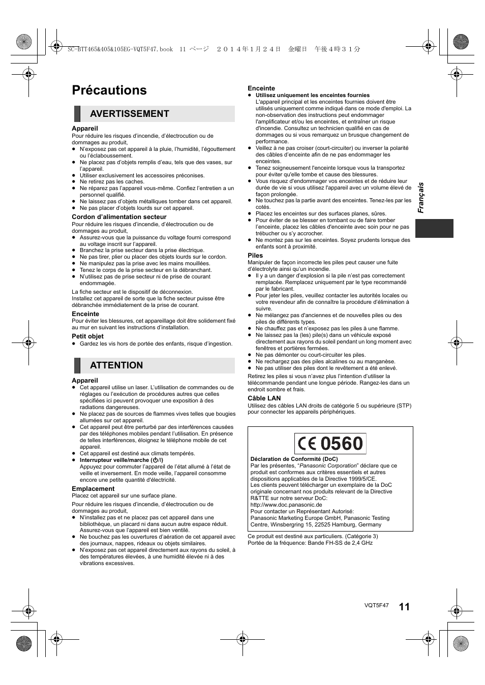 Précautions, Avertissement attention | Panasonic SCBTT405EG User Manual | Page 11 / 72