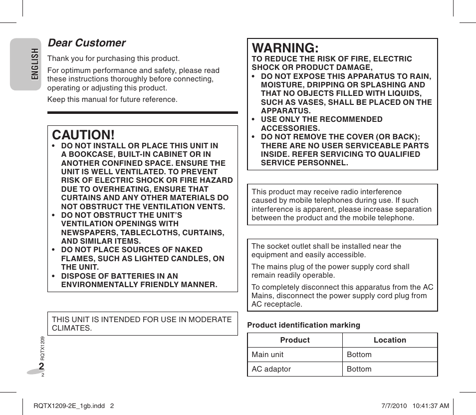 Caution, Warning, Dear customer | Panasonic RCDC1EG User Manual | Page 2 / 76