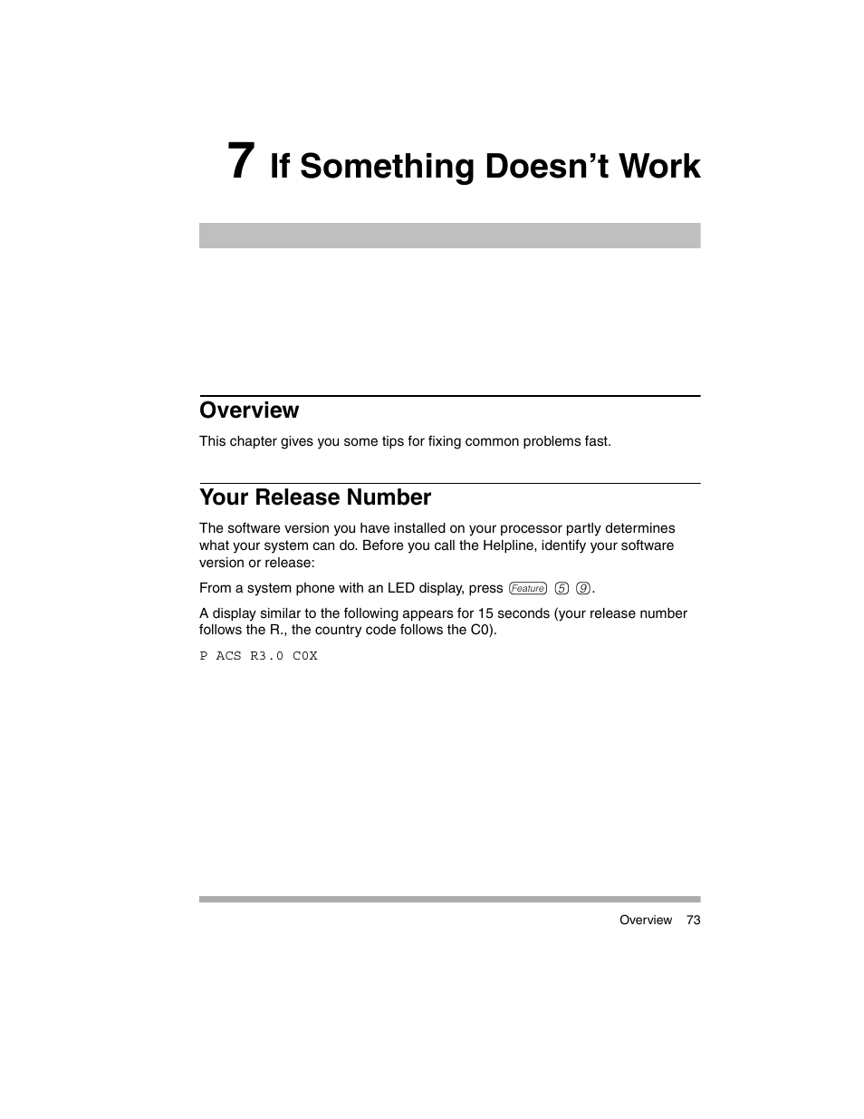 7 if something doesn’t work, Overview, Your release number | Chapter 7, If something doesn’t work, If something, Doesn’t work, Something doesn’t work | Avaya PARTNER-18D User Manual | Page 83 / 106