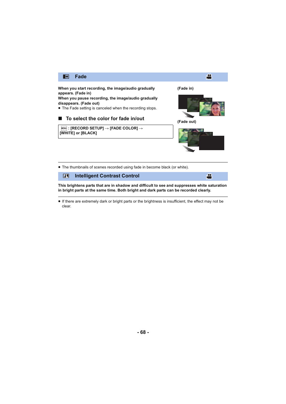 Fade), Fade, L 68 | Intelligent contrast control | Panasonic HC-W850K User Manual | Page 68 / 220