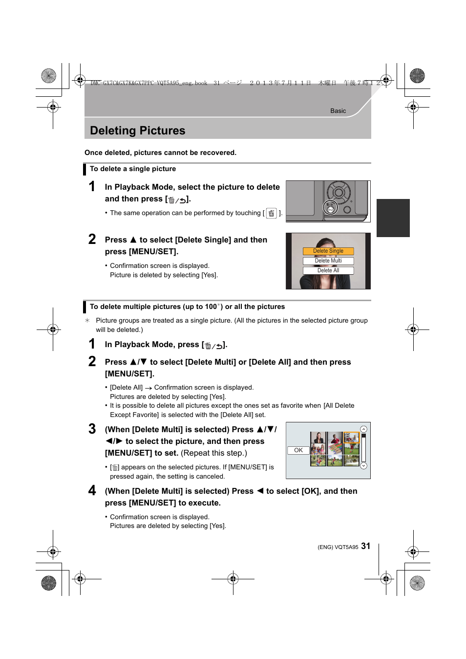 Deleting pictures | Panasonic DMC-GX7SBODY User Manual | Page 31 / 104
