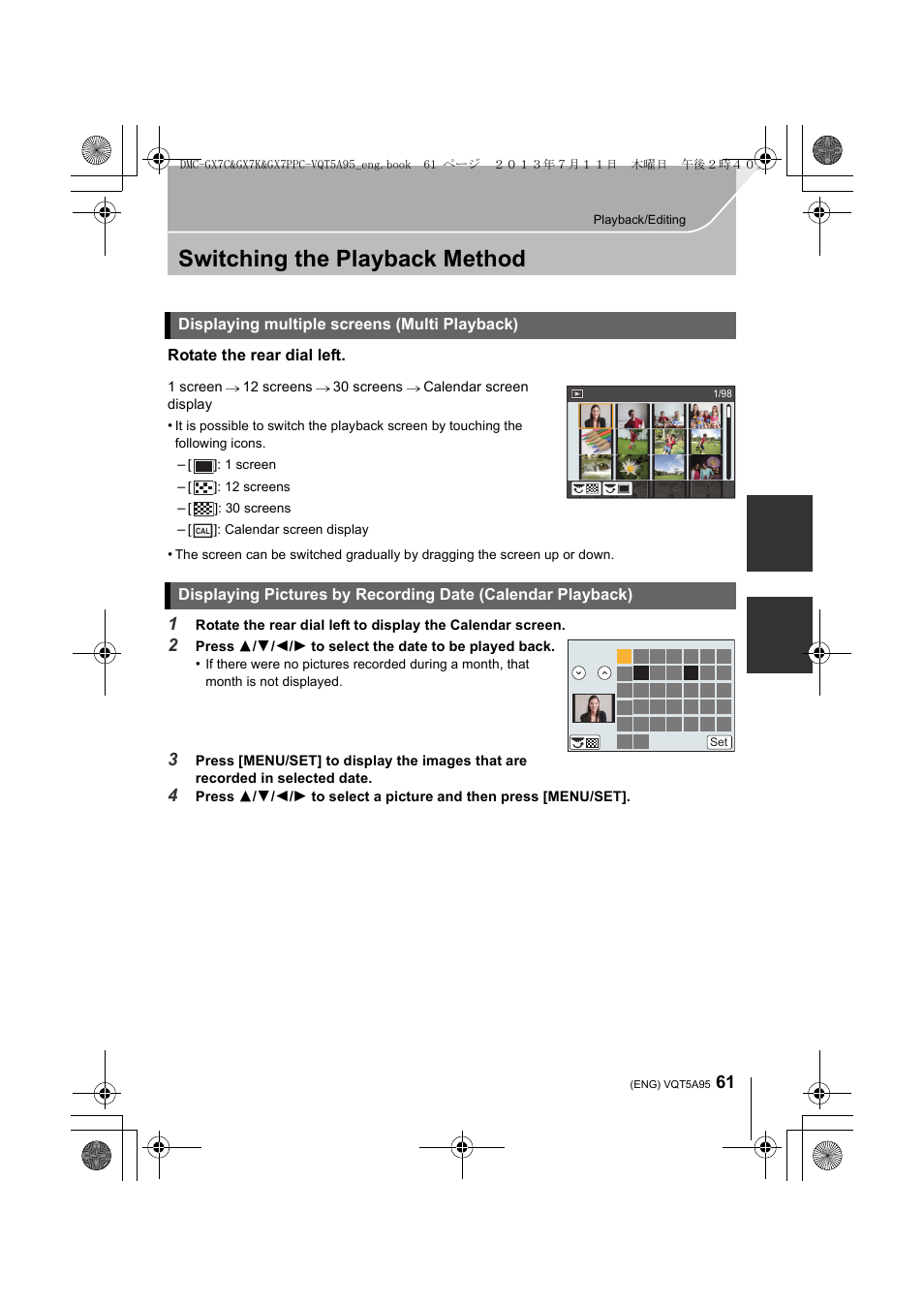 Playback/editing, Switching the playback method, Displaying multiple screens (multi playback) | Rotate the rear dial left | Panasonic DMC-GX7SBODY User Manual | Page 61 / 104