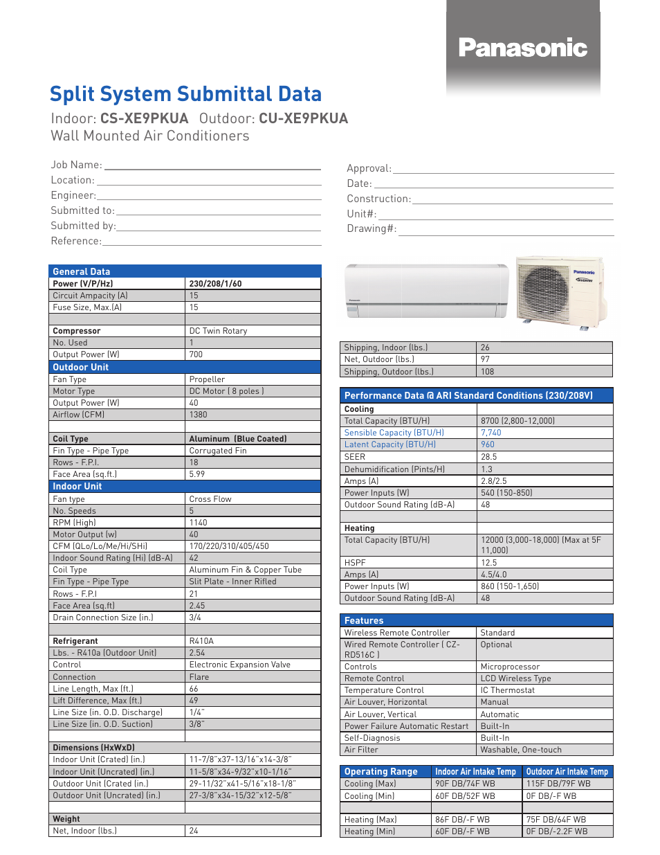 Panasonic CS-XE9PKUA User Manual | 2 pages