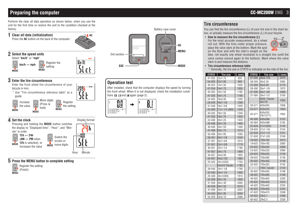 Preparing the computer, Cc-mc200w eng 3, Operation test | Tire circumference | CatEye CC-MC200W [Micro Wireless] User Manual | Page 3 / 9