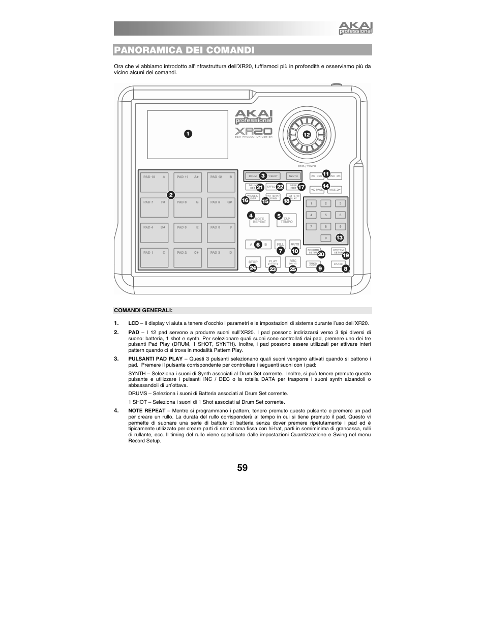 Panoramica dei comandi, Comandi generali | Akai xr20 User Manual | Page 61 / 76